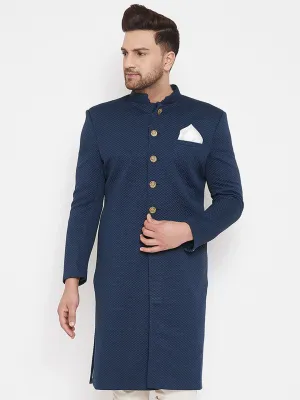 Jashvi Men's Navy Blue Silk Blend Sherwani Top