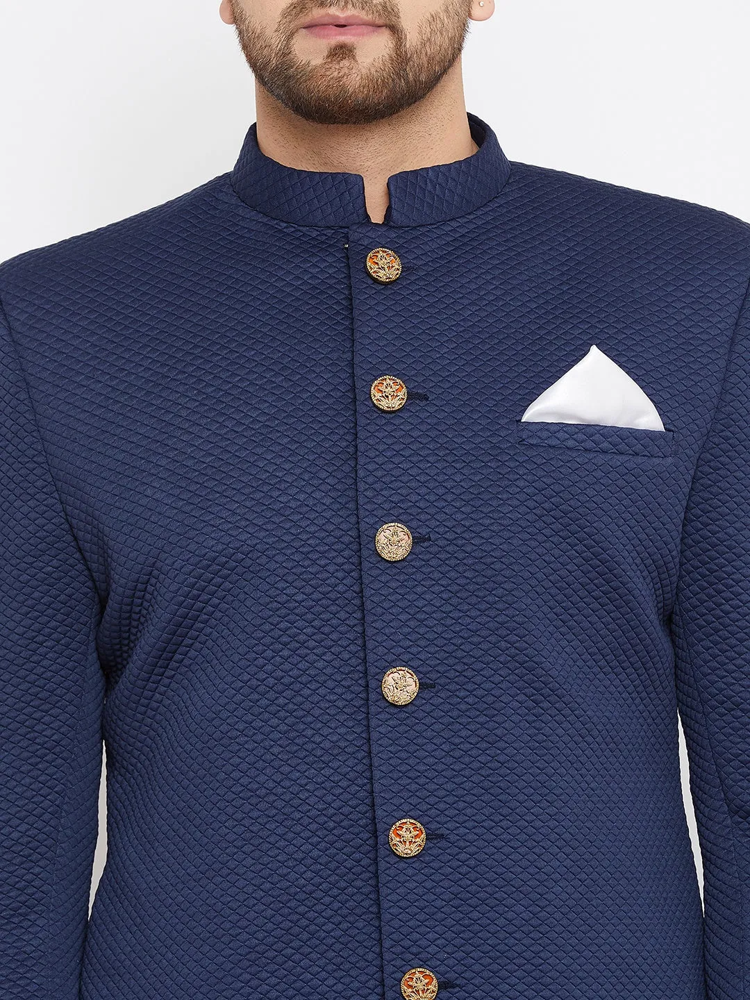 Jashvi Men's Navy Blue Silk Blend Sherwani Top