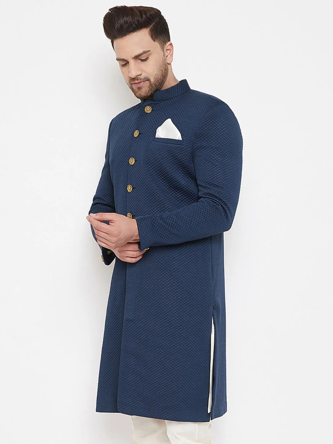 Jashvi Men's Navy Blue Silk Blend Sherwani Top