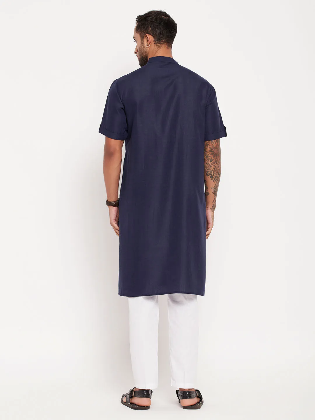 Jashvi Men's Navy Blue Solid Kurta with White Pant style Cotton Pyjama Set