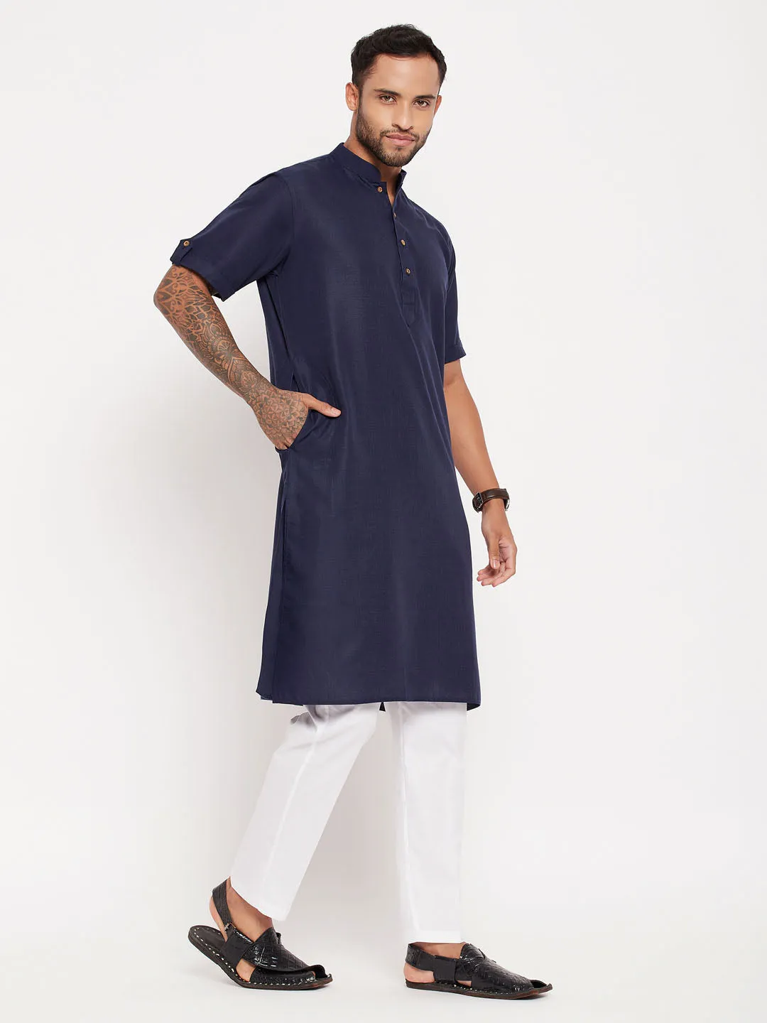 Jashvi Men's Navy Blue Solid Kurta with White Pant style Cotton Pyjama Set