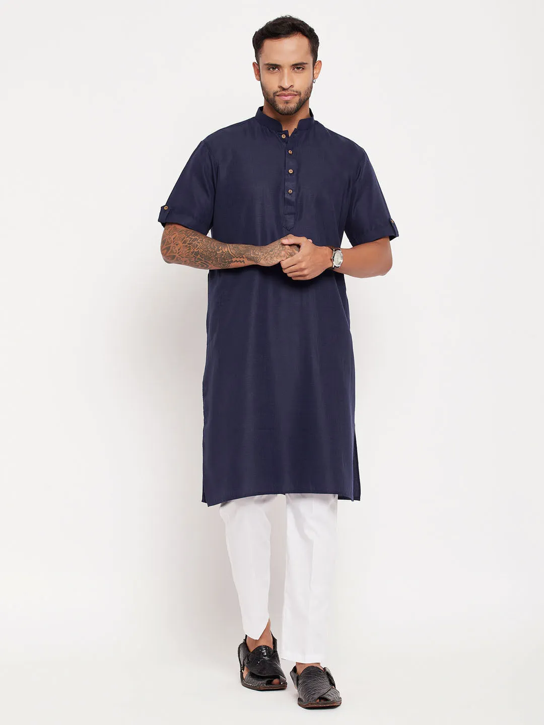 Jashvi Men's Navy Blue Solid Kurta with White Pant style Cotton Pyjama Set