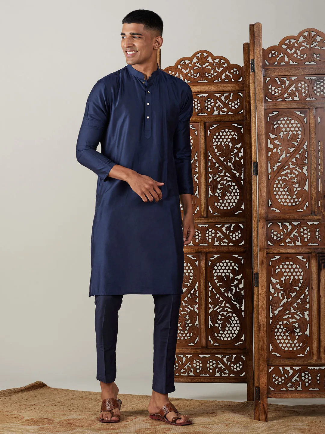 Jashvi Men's Navy Blue Viscose Kurta With Pant Set