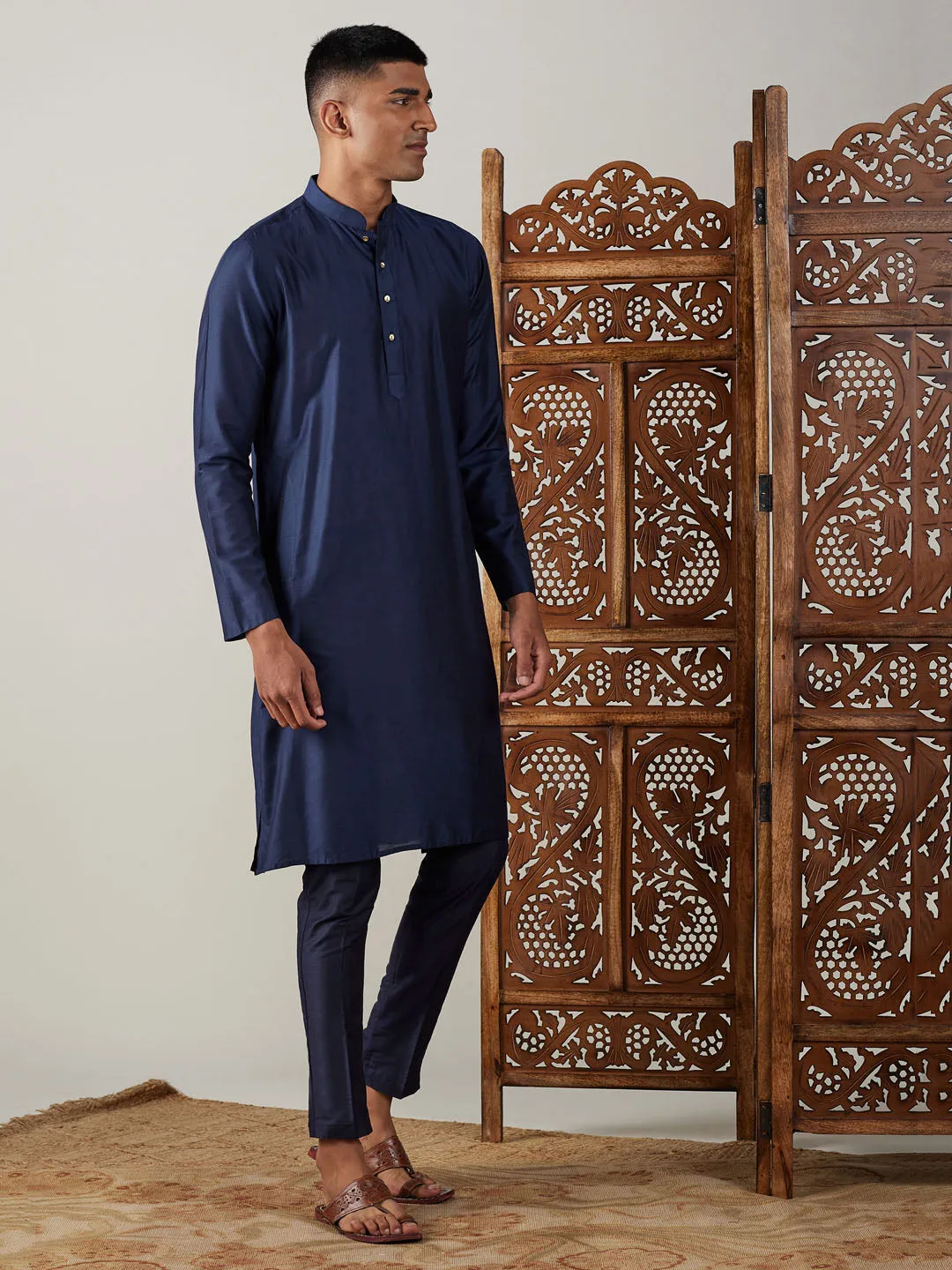 Jashvi Men's Navy Blue Viscose Kurta With Pant Set