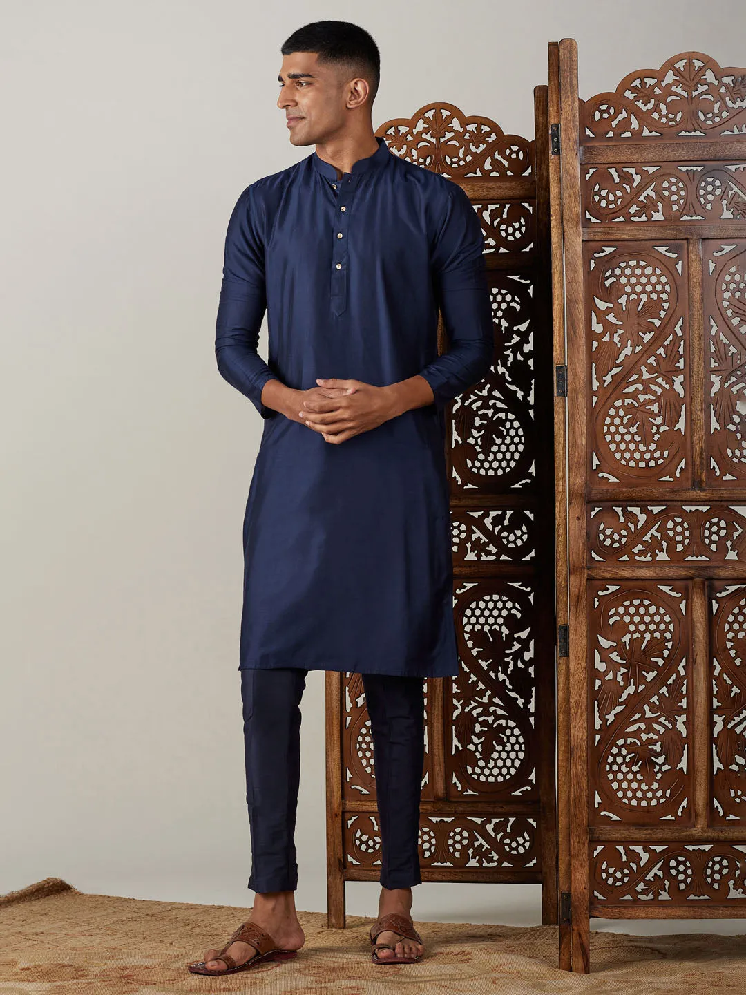 Jashvi Men's Navy Blue Viscose Kurta With Pant Set