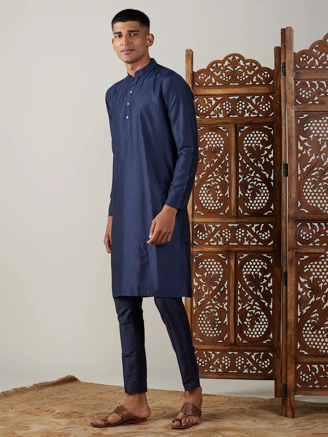 Jashvi Men's Navy Blue Viscose Kurta With Pant Set