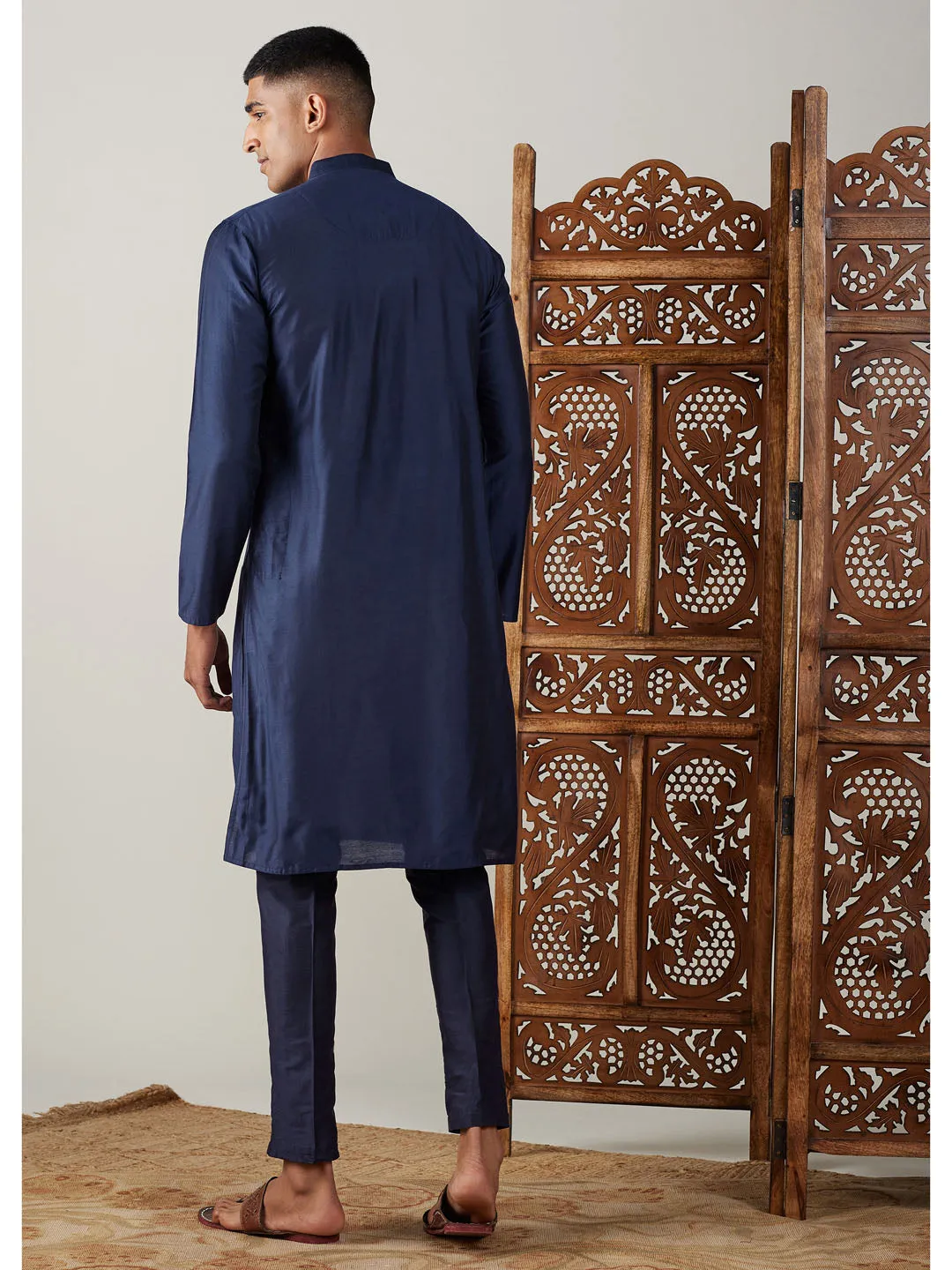 Jashvi Men's Navy Blue Viscose Kurta With Pant Set