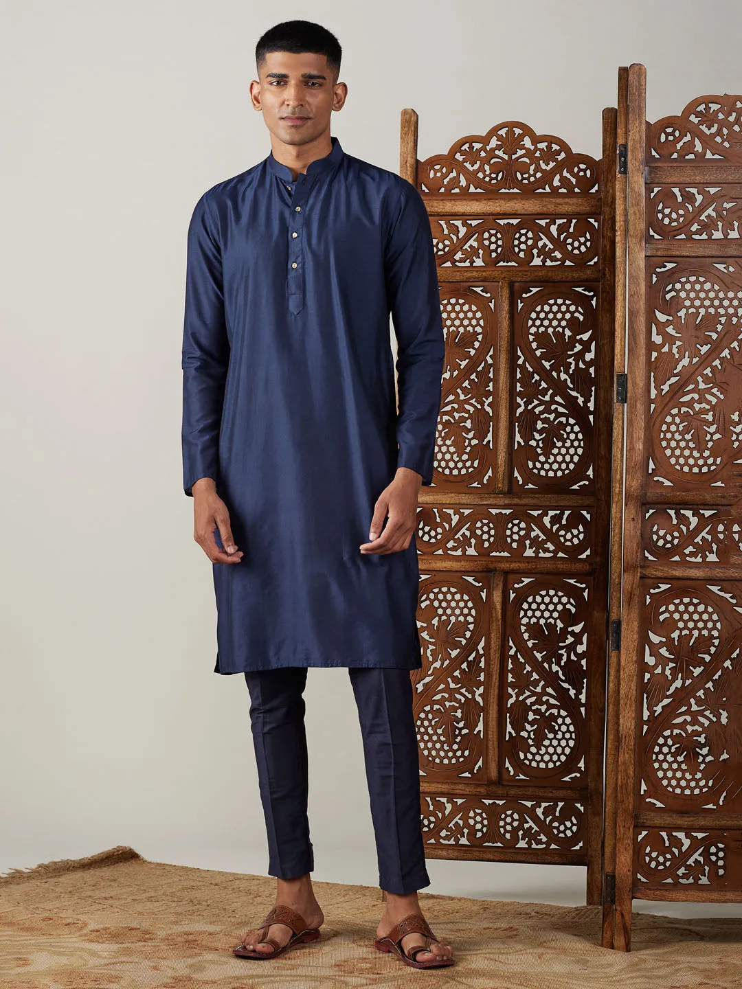 Jashvi Men's Navy Blue Viscose Kurta With Pant Set