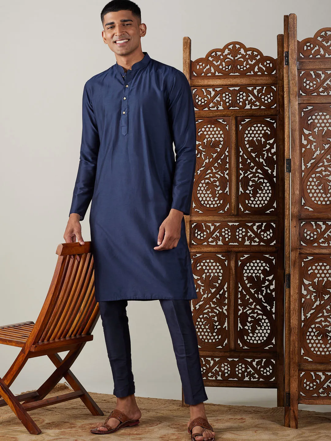 Jashvi Men's Navy Blue Viscose Kurta With Pant Set