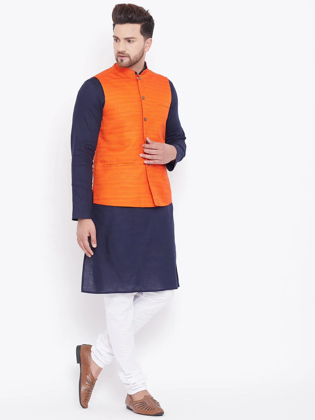 Jashvi Men's Orange, Navy Blue And White Cotton Blend Jacket, Kurta and Pyjama Set