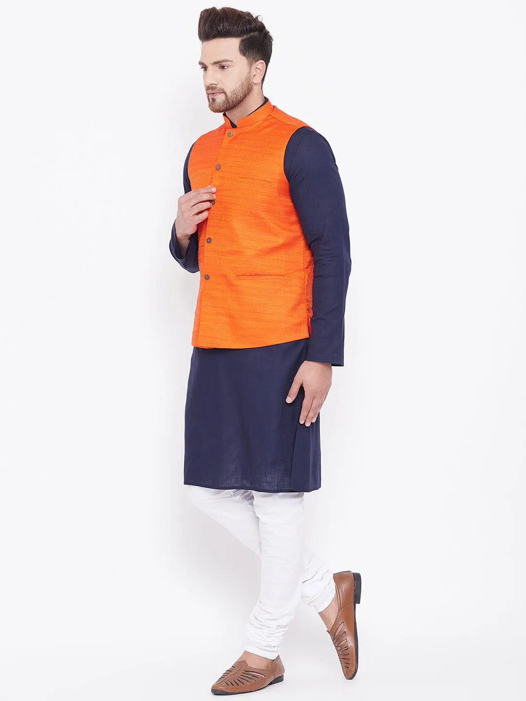 Jashvi Men's Orange, Navy Blue And White Cotton Blend Jacket, Kurta and Pyjama Set