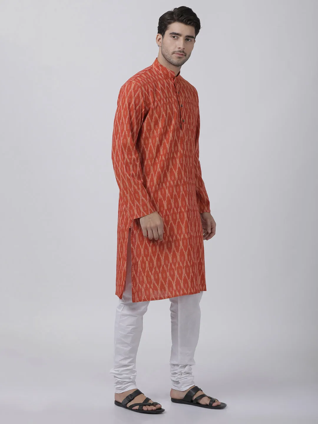 Jashvi Men's Orange Pure Cotton Kurta and Churidar Set