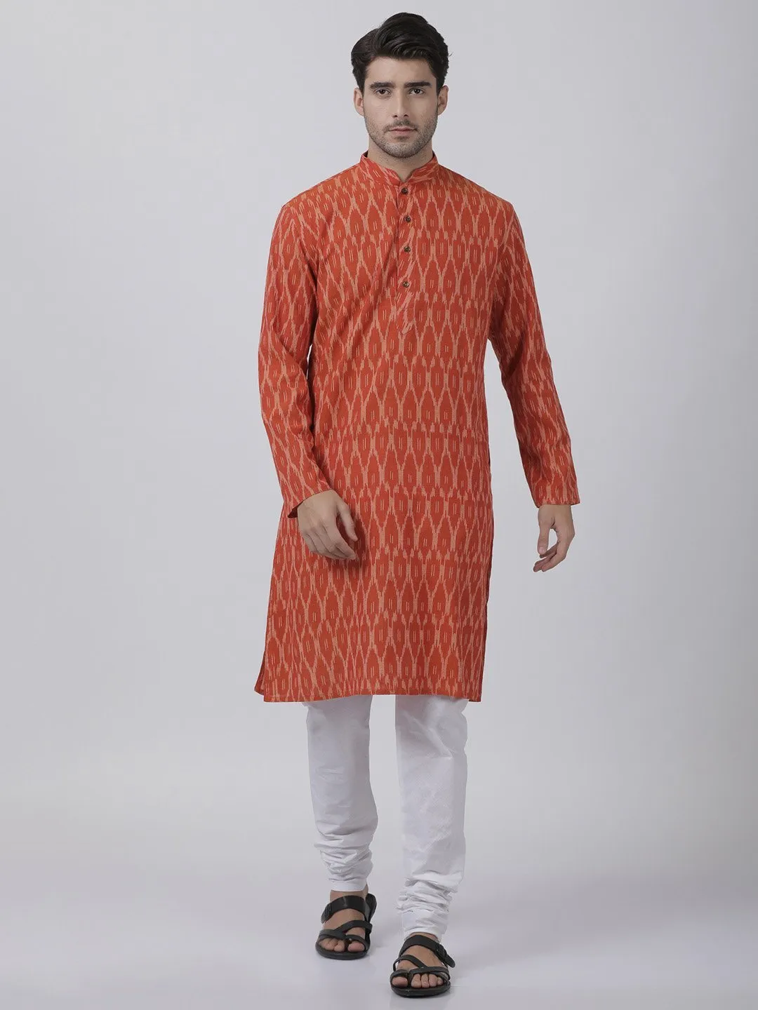 Jashvi Men's Orange Pure Cotton Kurta and Churidar Set