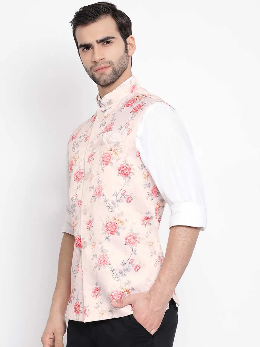 Jashvi Men's Peach Silk Blend Nehru Jacket