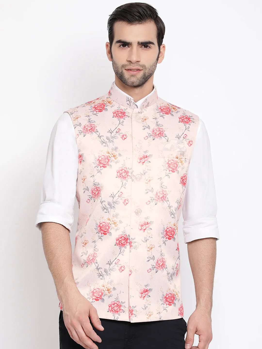 Jashvi Men's Peach Silk Blend Nehru Jacket