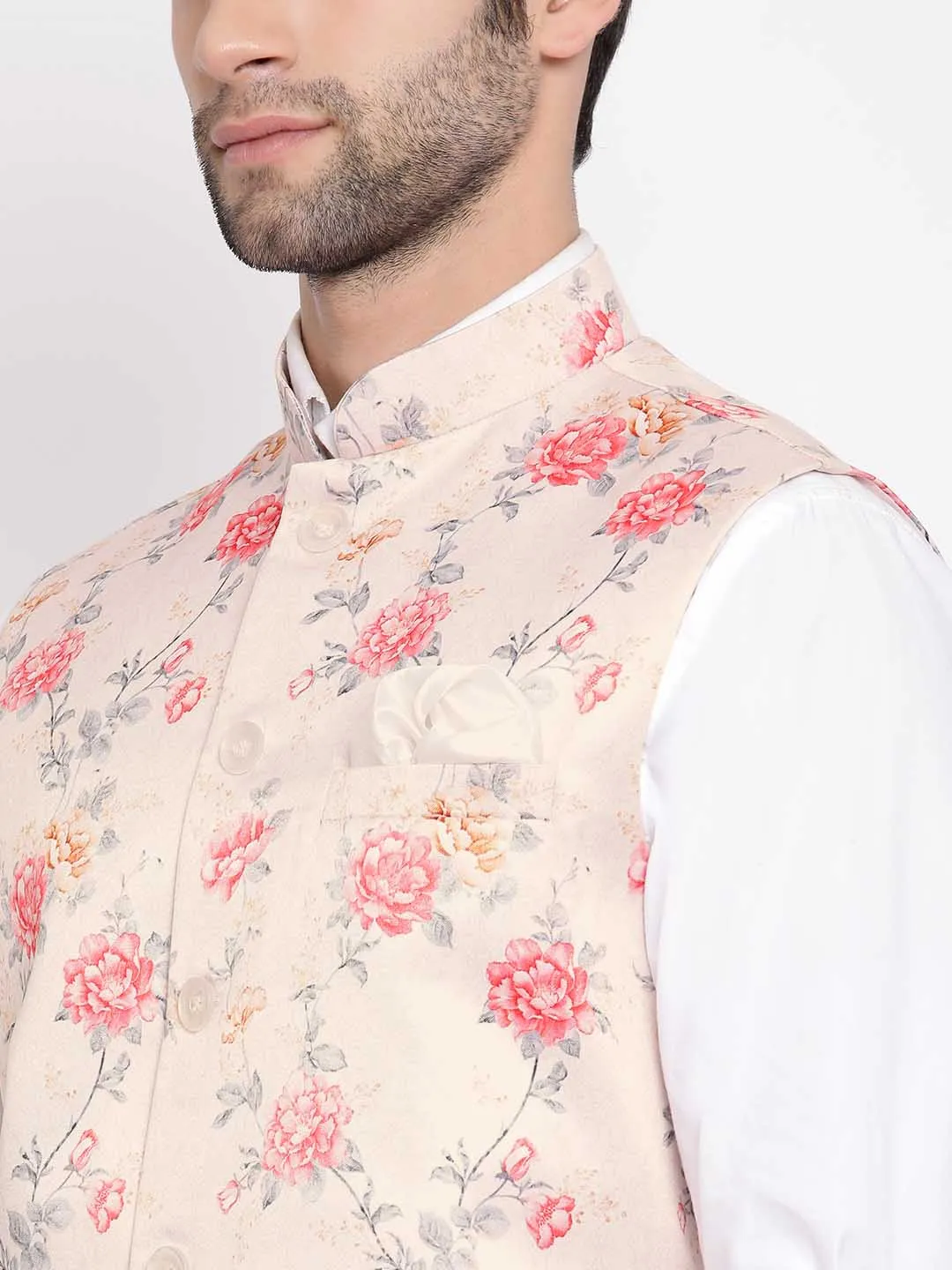 Jashvi Men's Peach Silk Blend Nehru Jacket