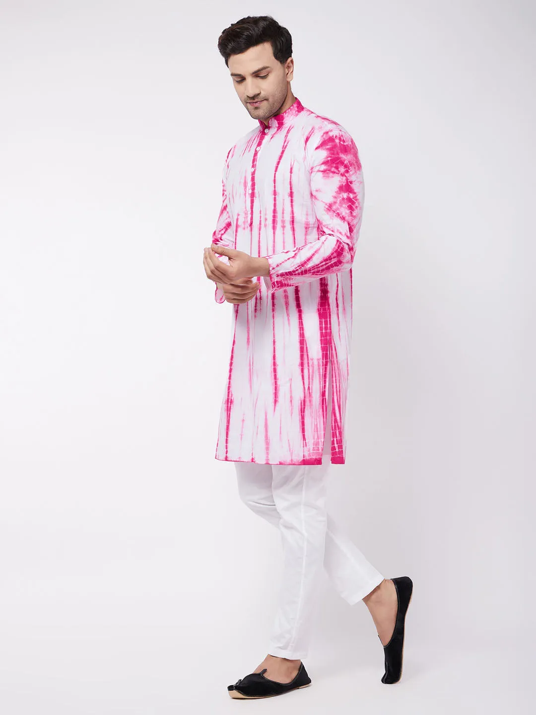 Jashvi Men's Pink And White Cotton Kurta Pyjama Set