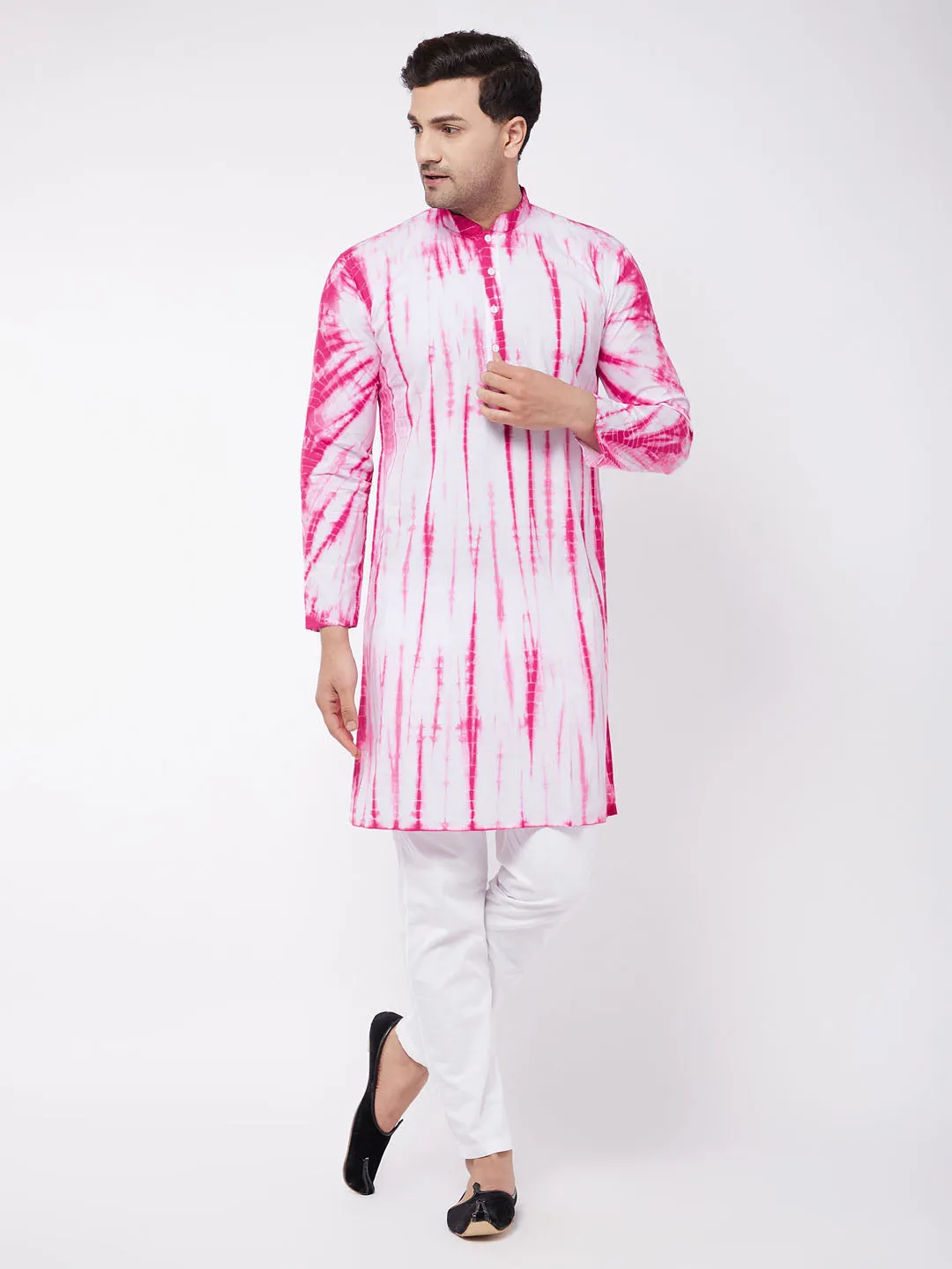 Jashvi Men's Pink And White Cotton Kurta Pyjama Set