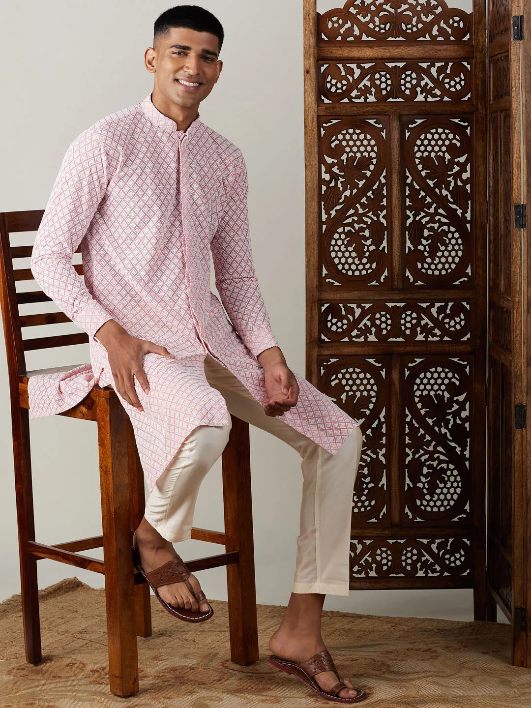 Jashvi Men's Pink Chikankari Front Open Kurta