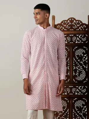 Jashvi Men's Pink Chikankari Front Open Kurta