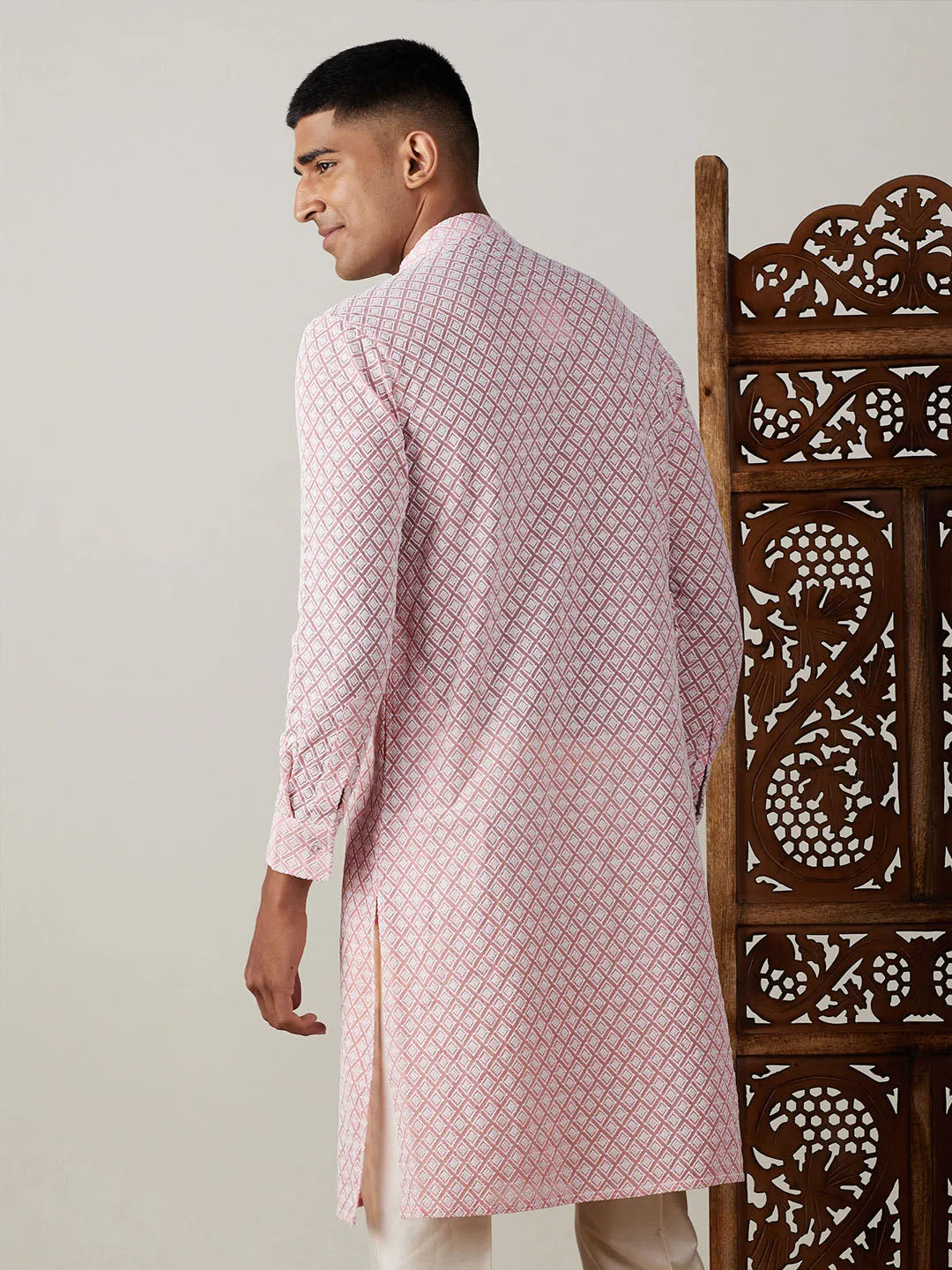 Jashvi Men's Pink Chikankari Front Open Kurta