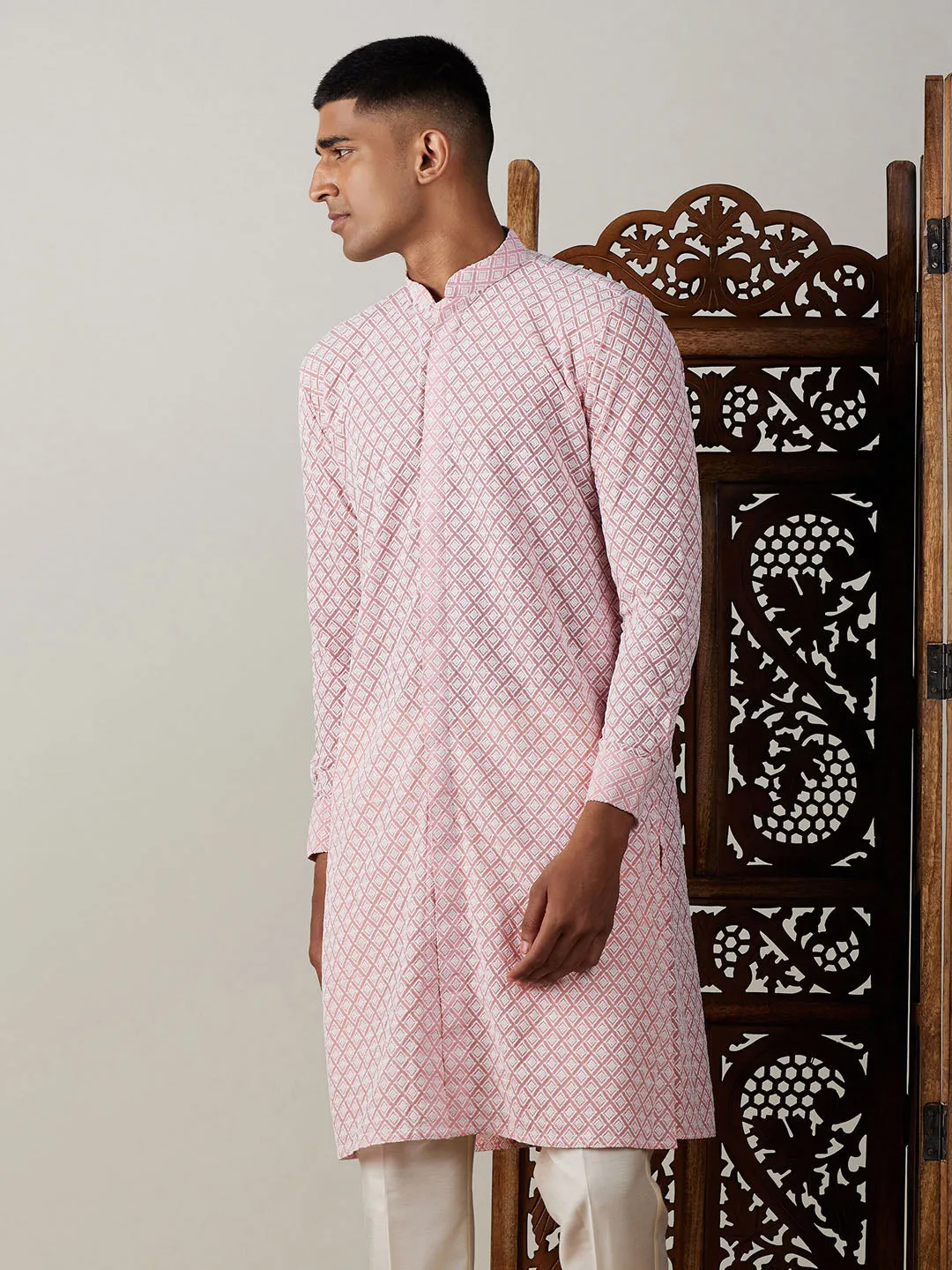 Jashvi Men's Pink Chikankari Front Open Kurta