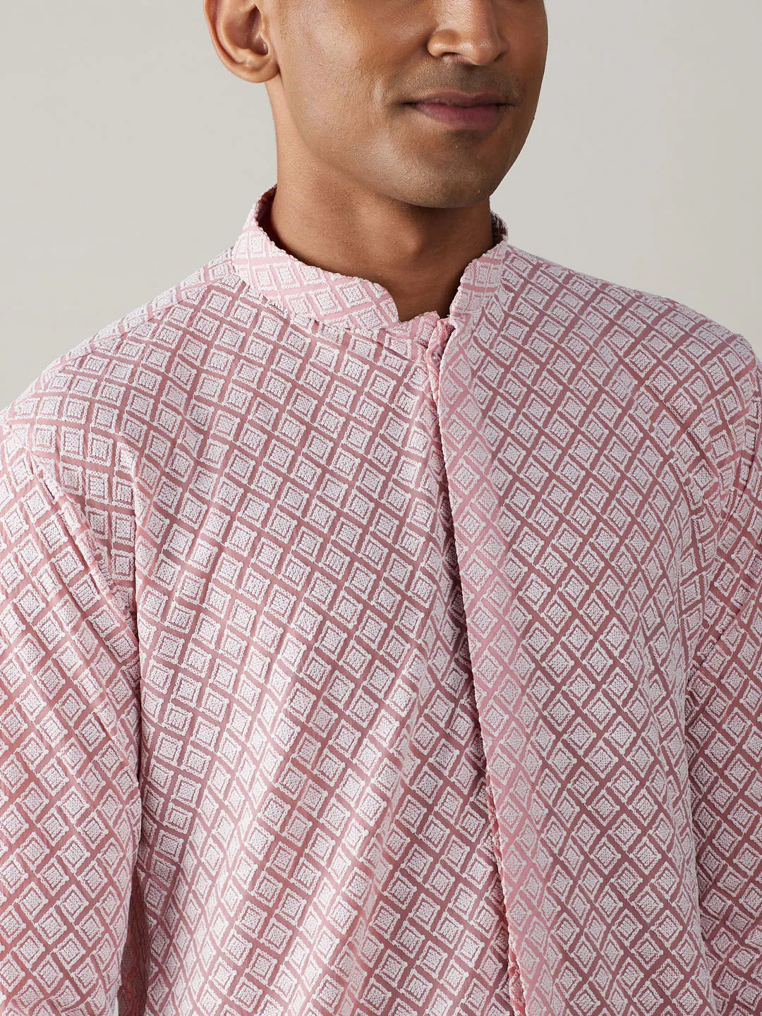 Jashvi Men's Pink Chikankari Front Open Kurta