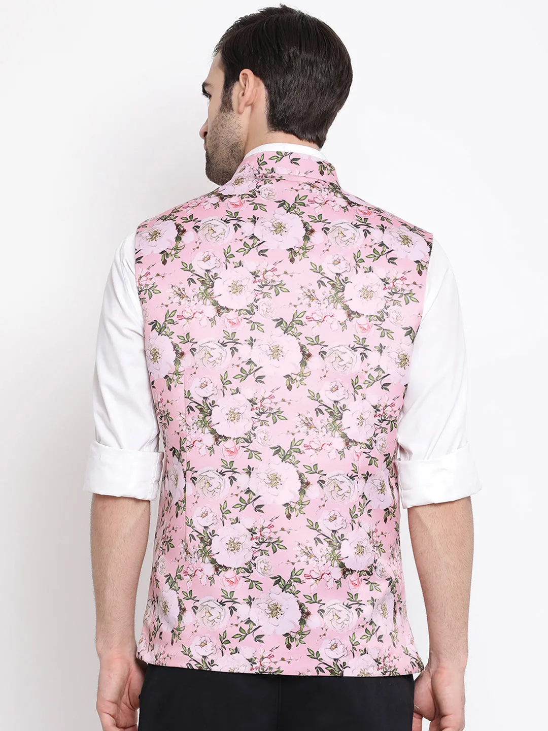 Jashvi Men's Pink Digital Floral Printed Royal Nehru Jacket