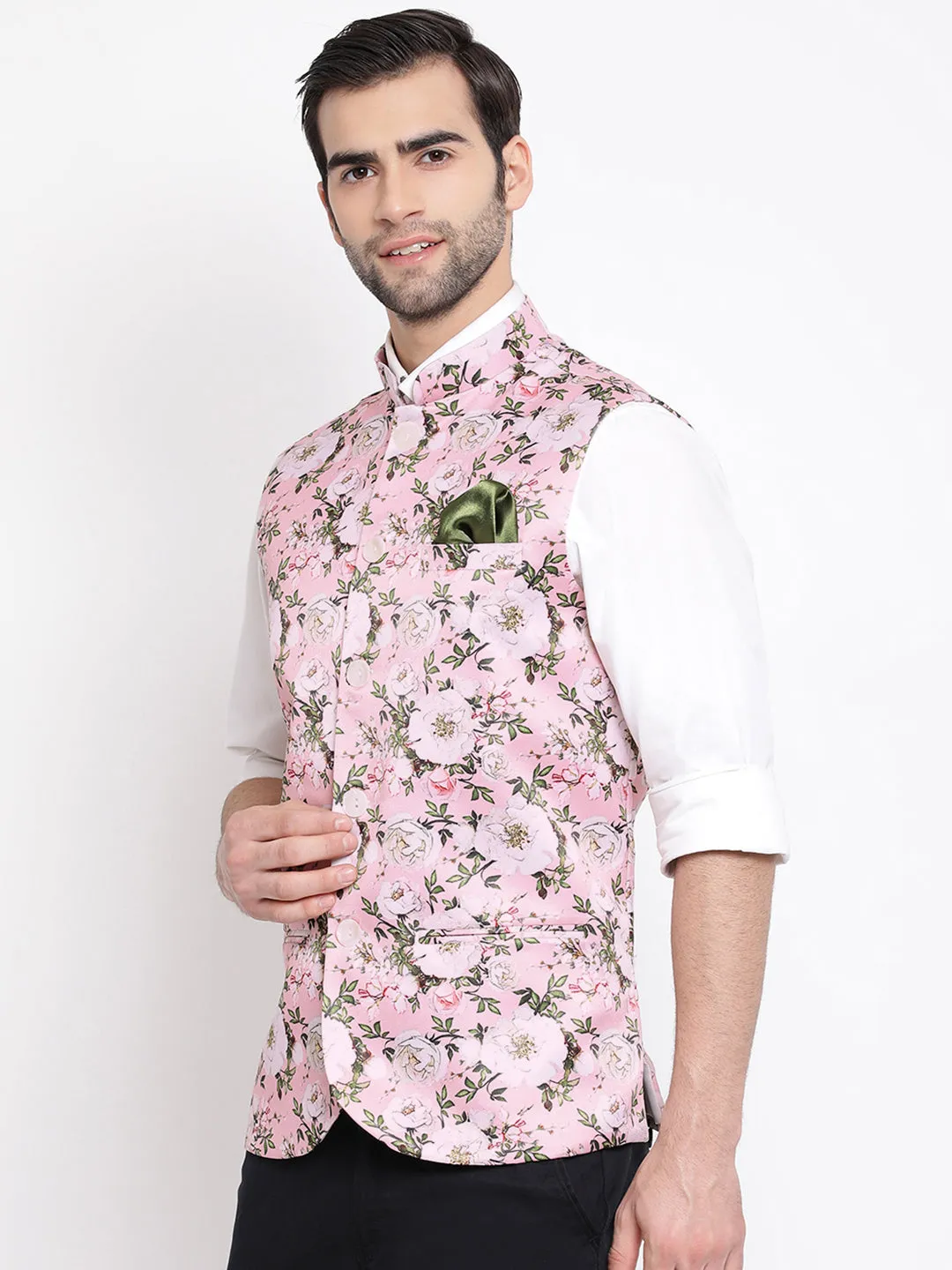 Jashvi Men's Pink Digital Floral Printed Royal Nehru Jacket