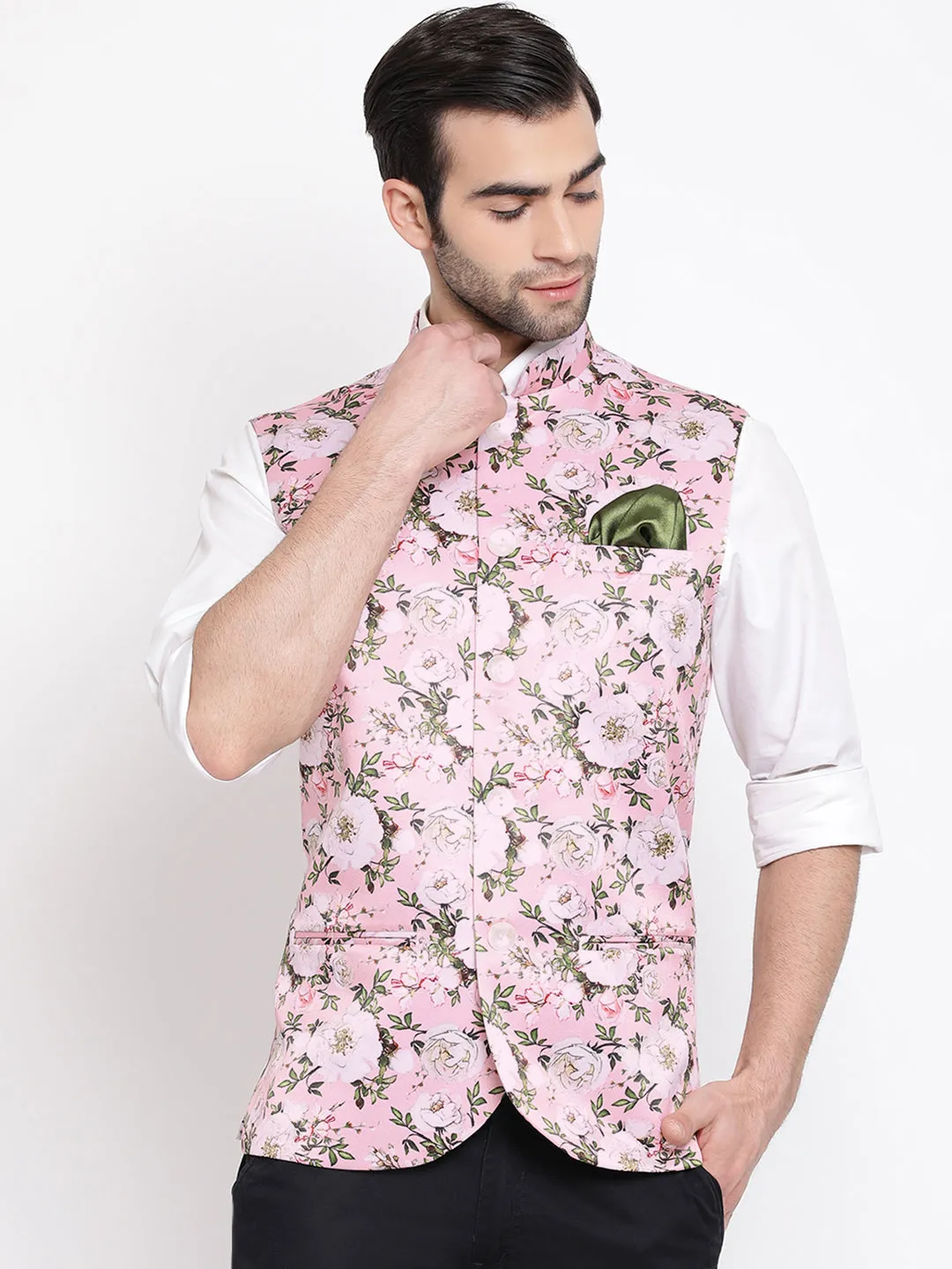 Jashvi Men's Pink Digital Floral Printed Royal Nehru Jacket