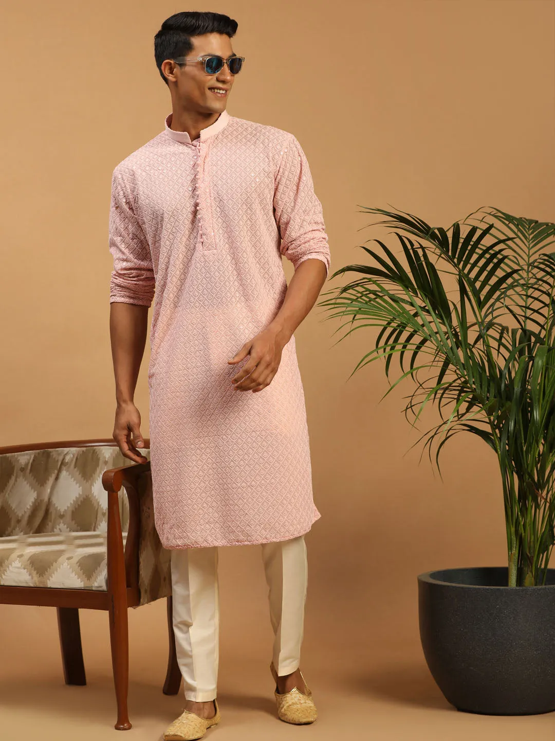 Jashvi Men's Pink Embroidery Worked Georgette Kurta