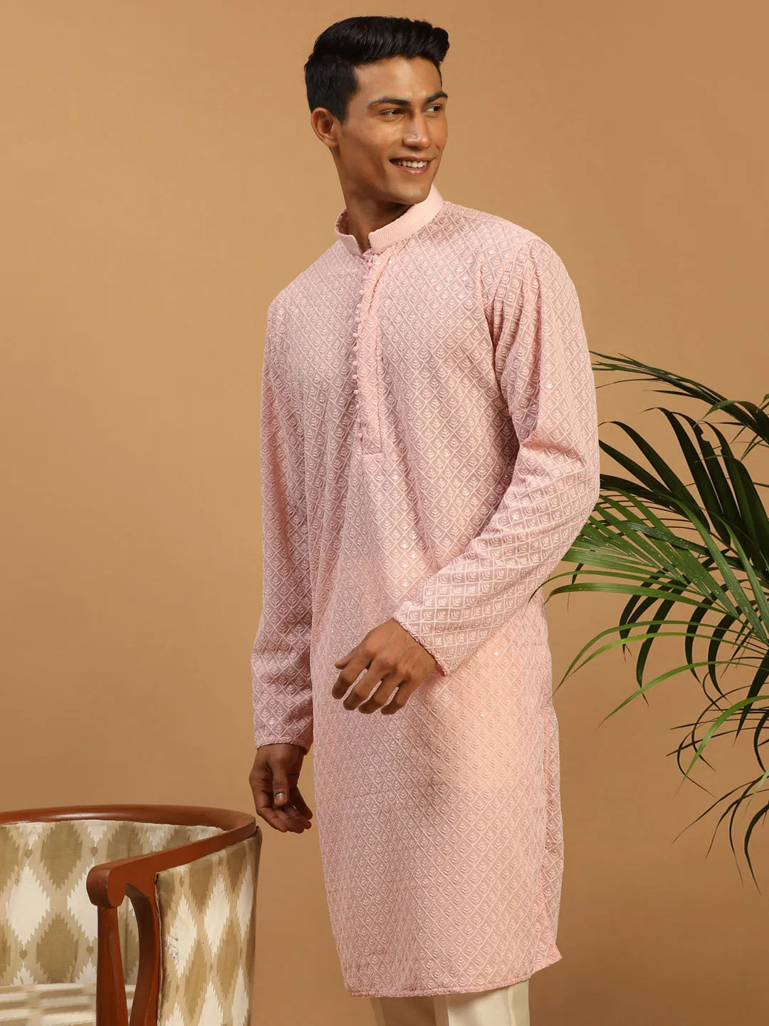 Jashvi Men's Pink Embroidery Worked Georgette Kurta