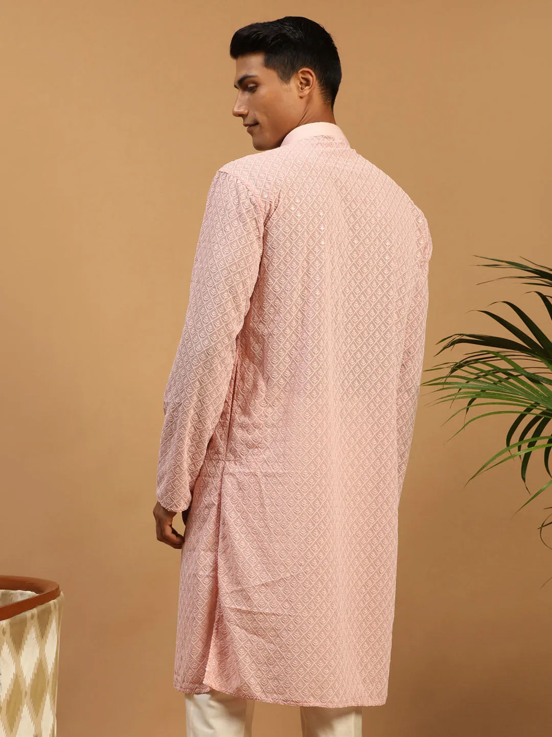 Jashvi Men's Pink Embroidery Worked Georgette Kurta