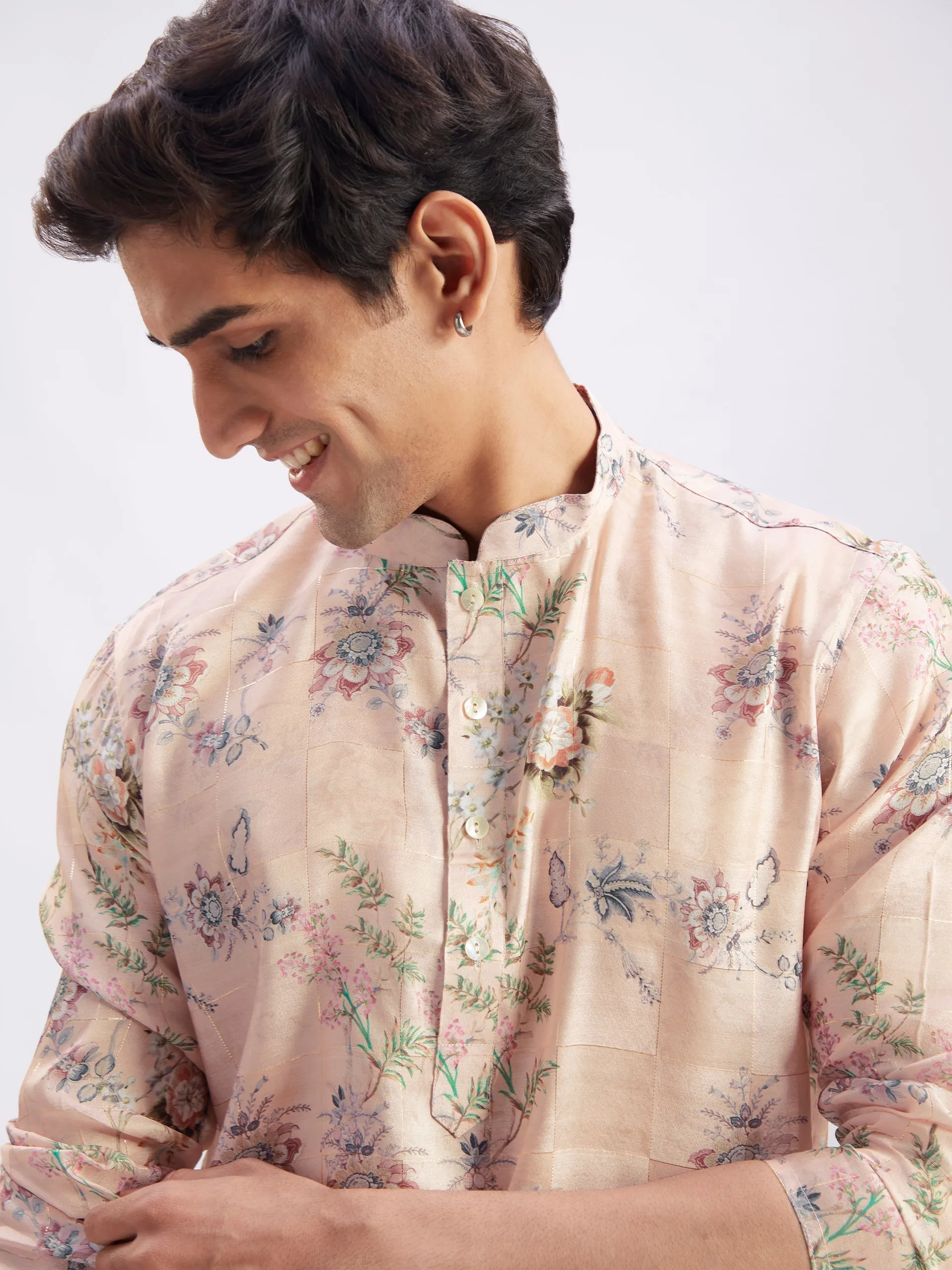 Jashvi Men's Pink Floral Printed Silk Blend Kurta Pyjama Set