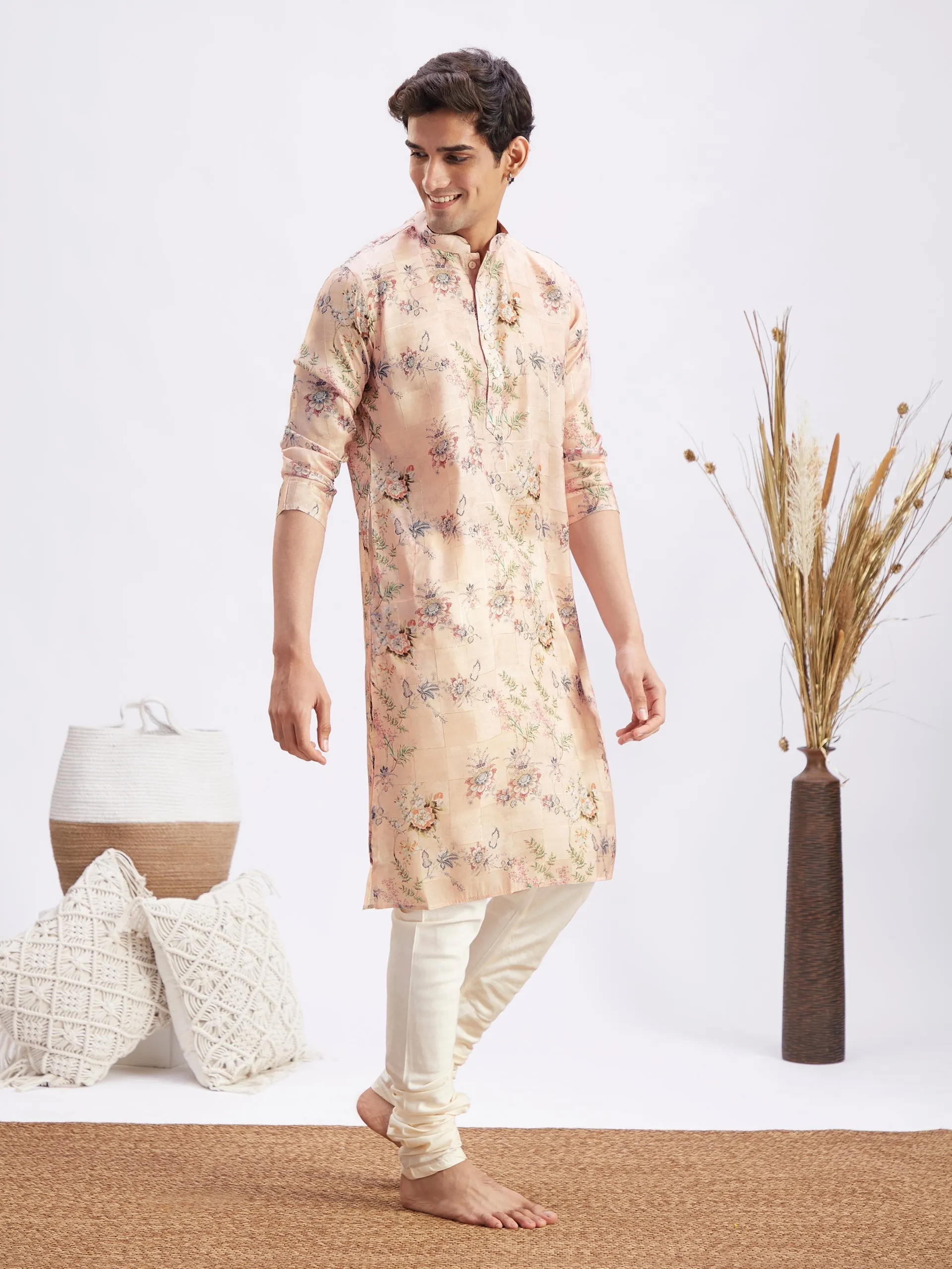 Jashvi Men's Pink Floral Printed Silk Blend Kurta Pyjama Set