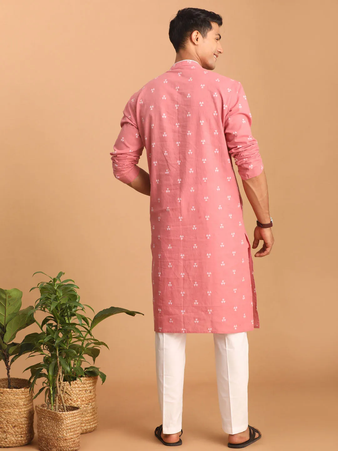 Jashvi Men's Pink Geometric Booti Jacquard Kurta with White Pant Set