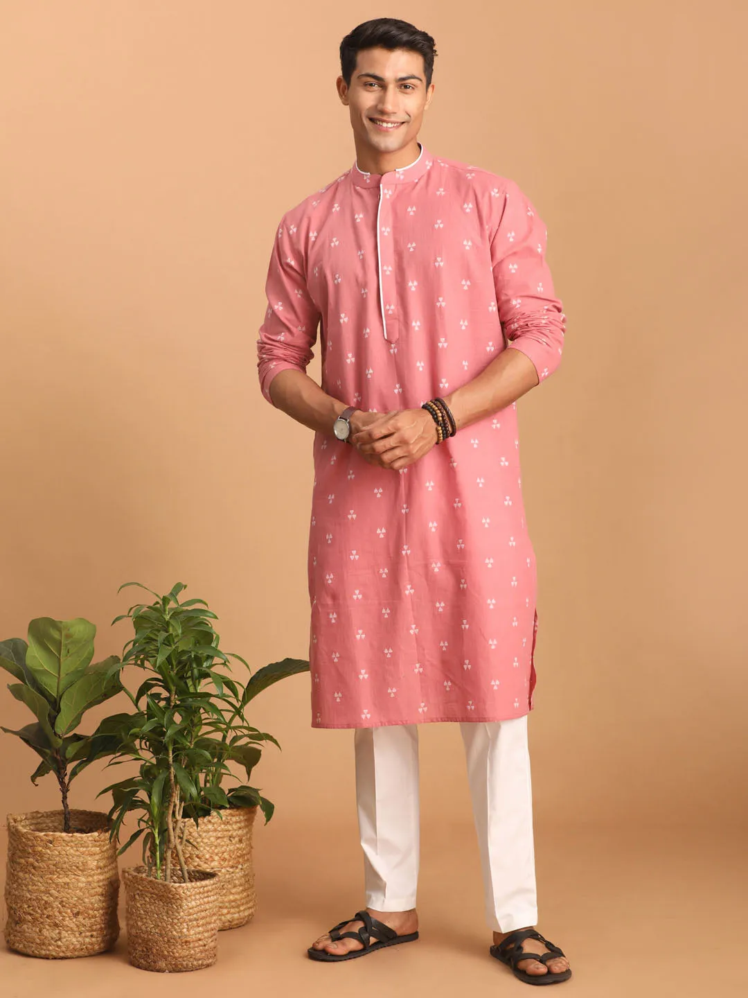 Jashvi Men's Pink Geometric Booti Jacquard Kurta with White Pant Set