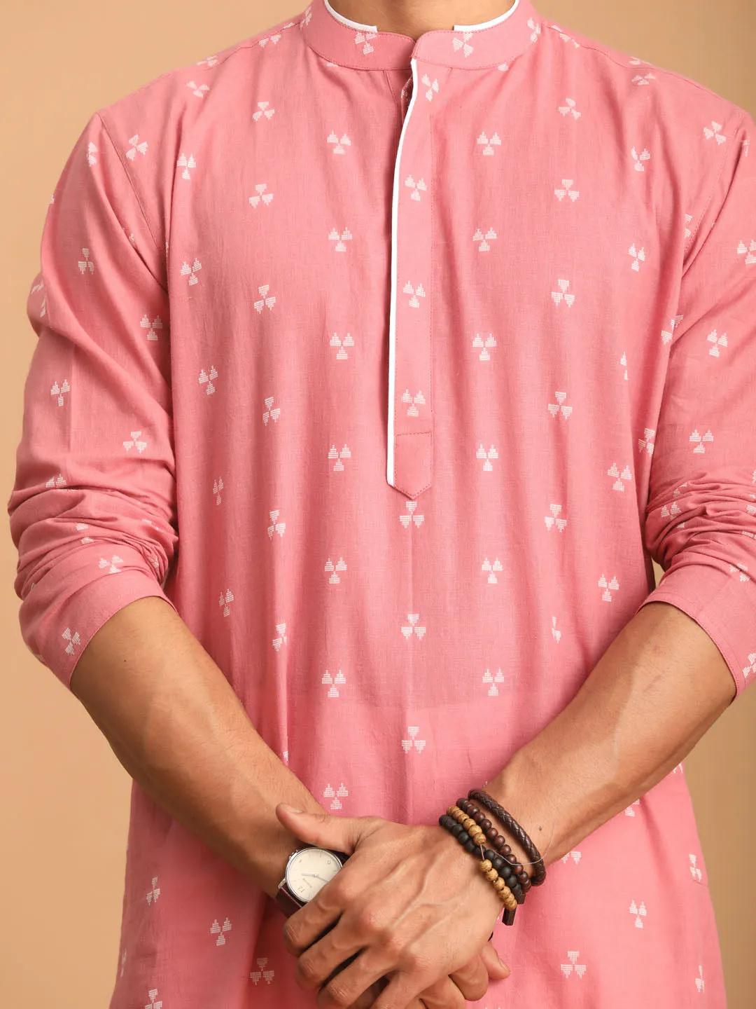 Jashvi Men's Pink Geometric Booti Jacquard Kurta with White Pant Set