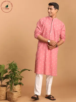 Jashvi Men's Pink Geometric Booti Jacquard Kurta with White Pant Set