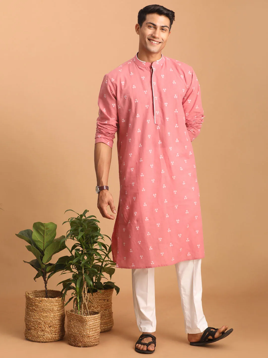 Jashvi Men's Pink Geometric Booti Jacquard Kurta with White Pant Set