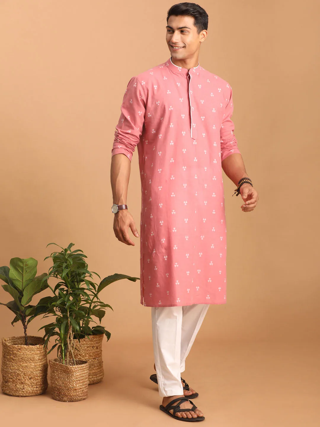 Jashvi Men's Pink Geometric Booti Jacquard Kurta with White Pant Set