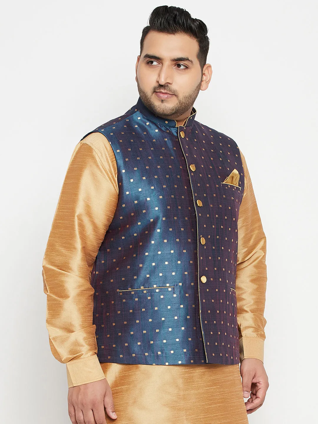 Jashvi Men's Plus Size Blue Zari Weaved Nehru Jacket