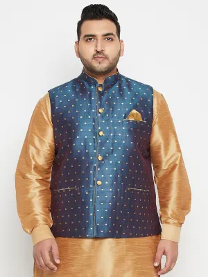 Jashvi Men's Plus Size Blue Zari Weaved Nehru Jacket