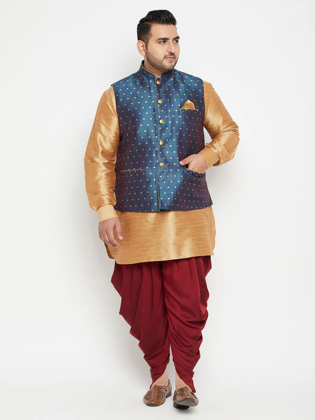 Jashvi Men's Plus Size Blue Zari Weaved Nehru Jacket