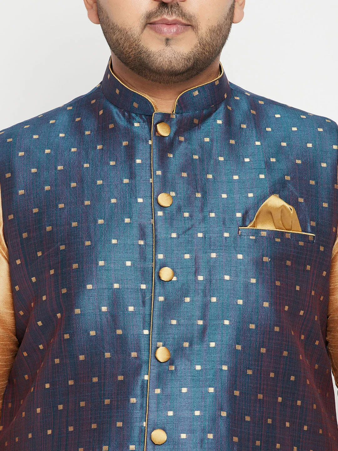 Jashvi Men's Plus Size Blue Zari Weaved Nehru Jacket