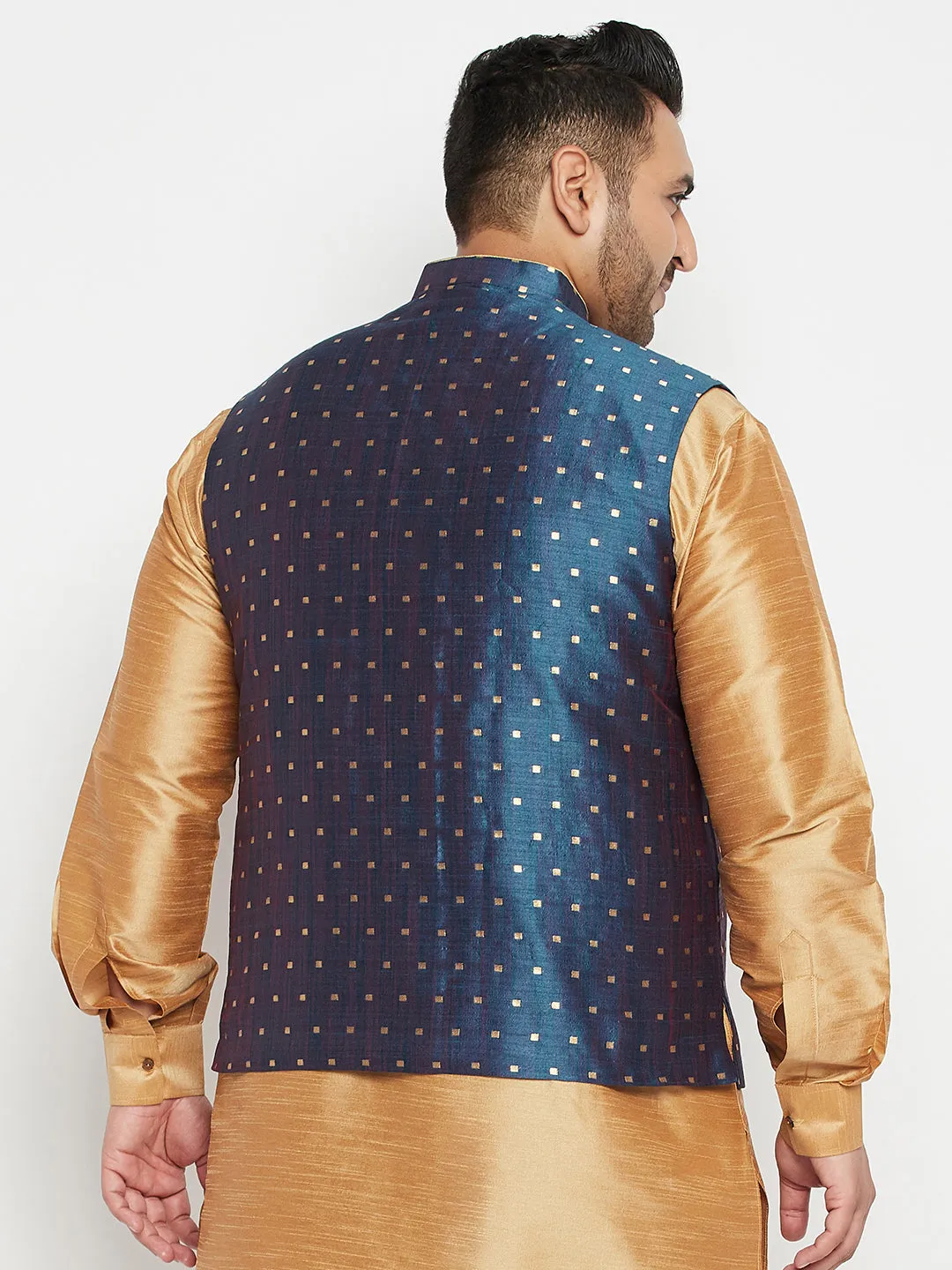 Jashvi Men's Plus Size Blue Zari Weaved Nehru Jacket