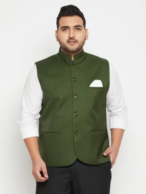 Jashvi Men's Plus Size Green Cotton Blend Nehru Jacket