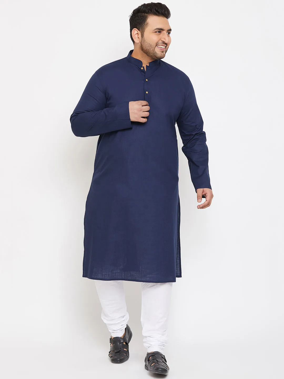 Jashvi Men's Plus Size Navy Blue Cotton Kurta