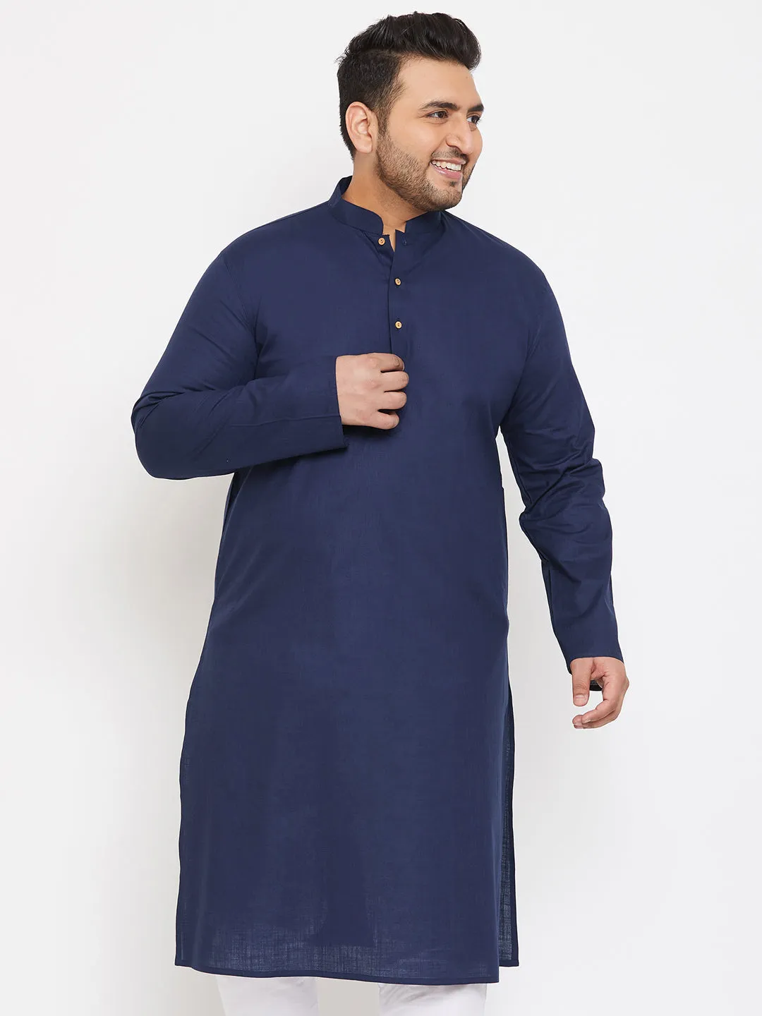 Jashvi Men's Plus Size Navy Blue Cotton Kurta