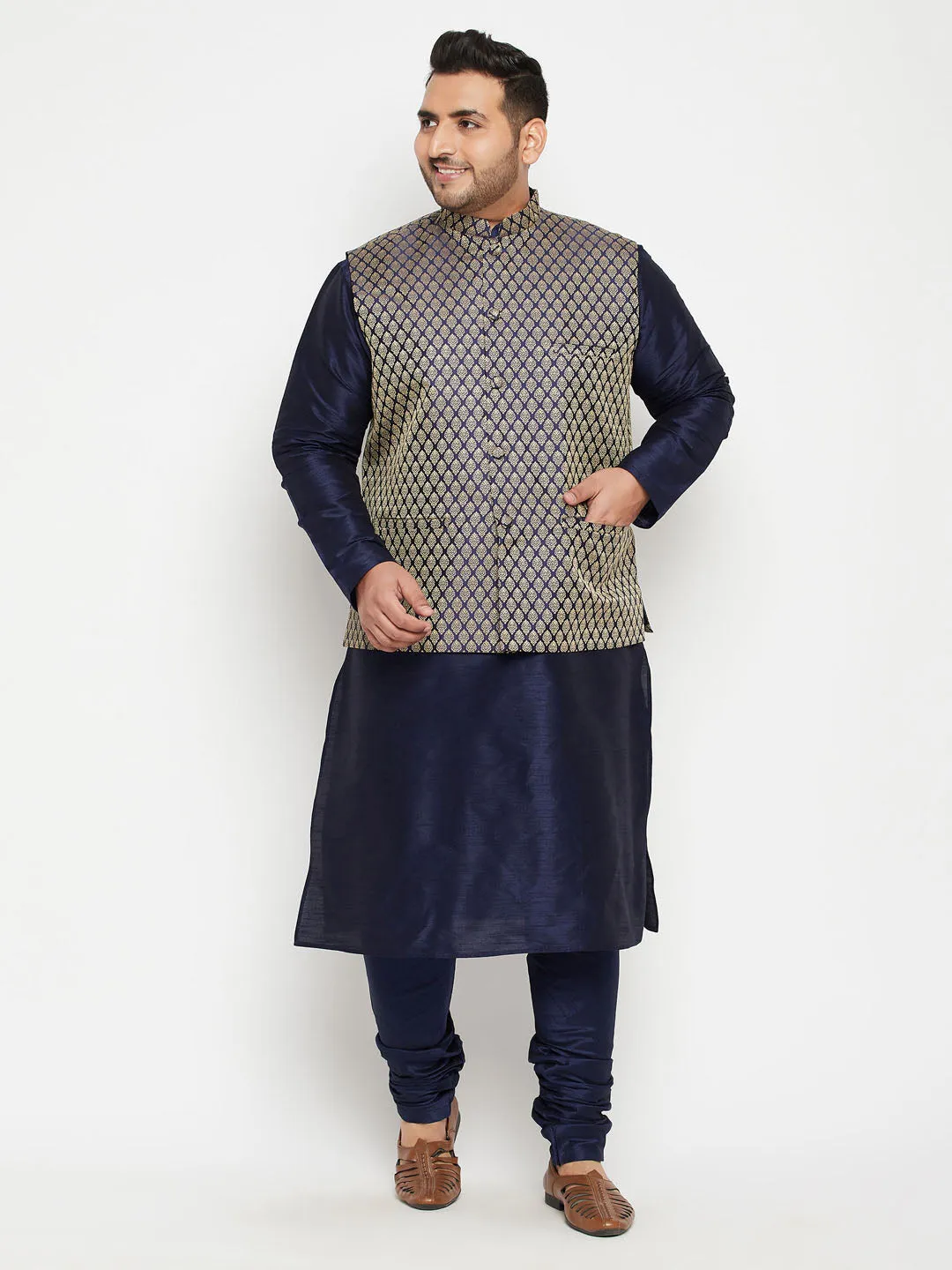 Jashvi Men's Plus Size Navy Blue Woven Silk Blend Jacket Kurta Pyjama Set